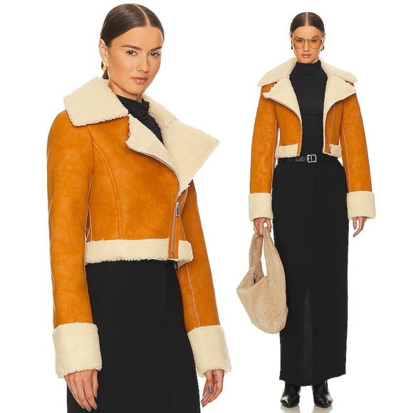 NWT L’Academie x Revolve Taryn Fitted Shearling Jacket in Tan - Picture 1 of 12
